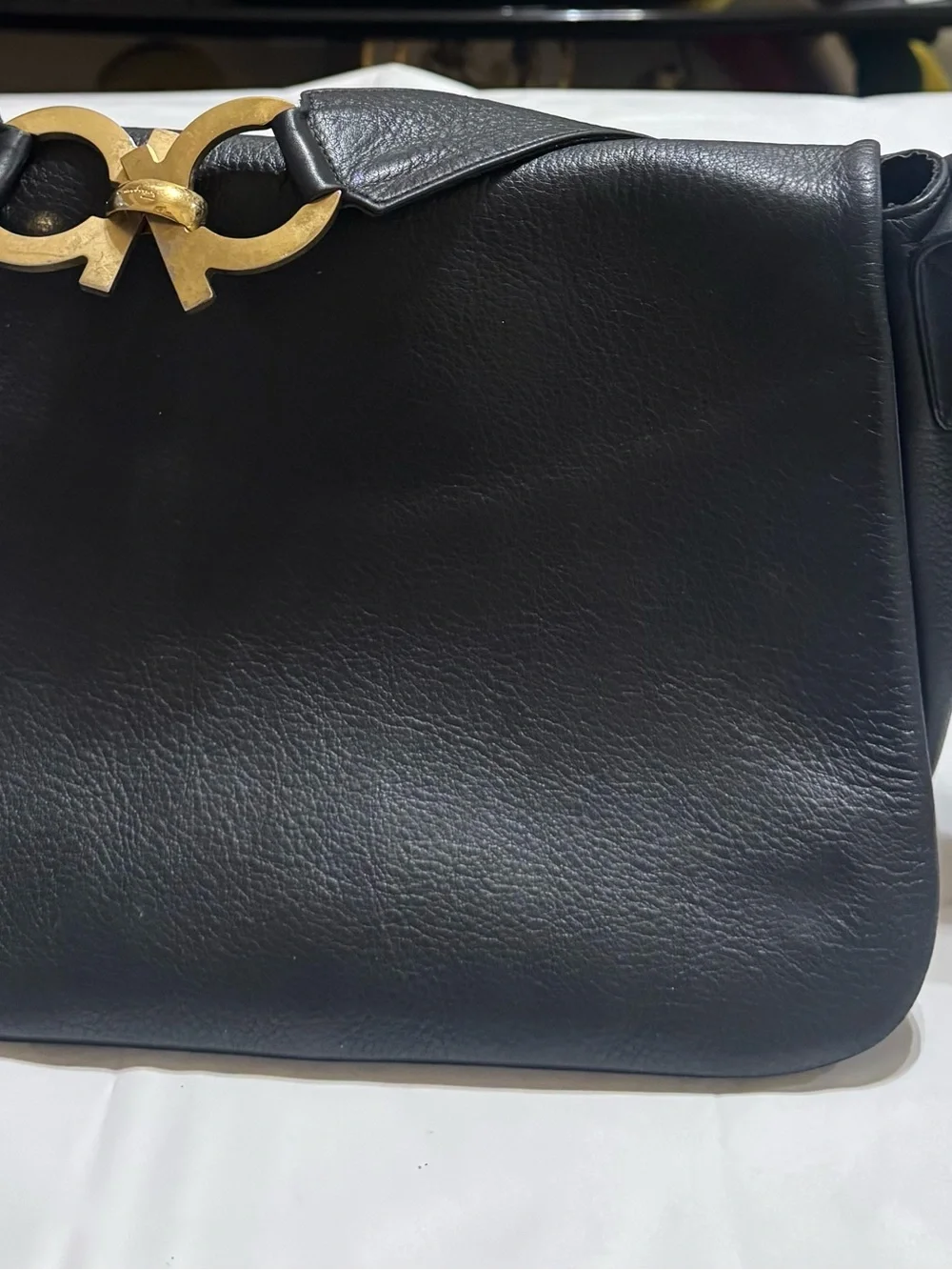 Salvatore Ferragamo Black Leather Shoulder Bag with Gold Hardware